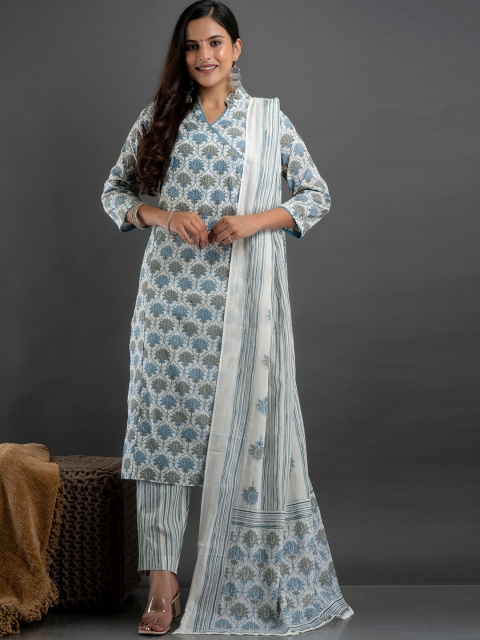 

Kesarya Women White Ethnic Motifs Pure Cotton Kurta with Trousers & Dupatta.