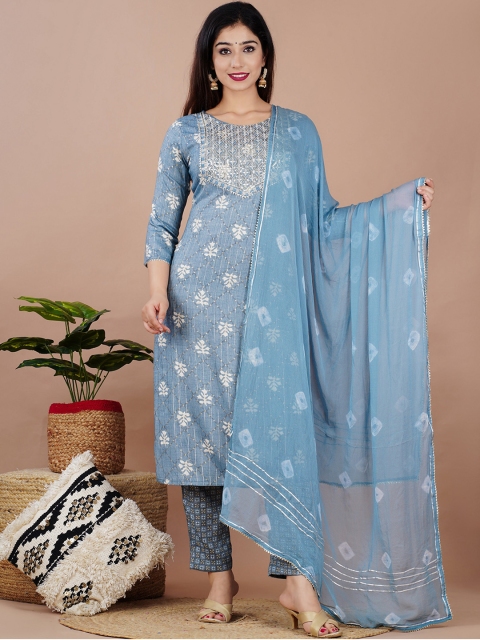 

Kesarya Women Blue Ethnic Motifs Embroidered Kurta with Trousers & Dupatta