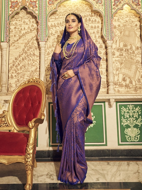 

elora Navy Blue & Gold-Toned Ethnic Motifs Zari Silk Blend Saree