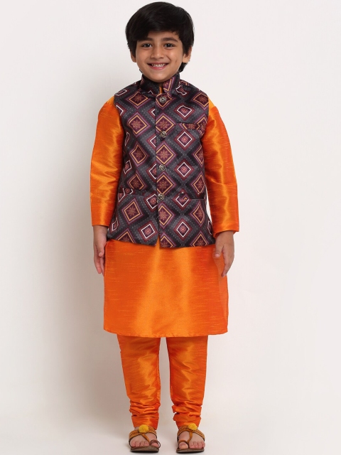 

Benstoke Boys Orange & Grey Kurta & Churidar With Printed Nehru Jacket