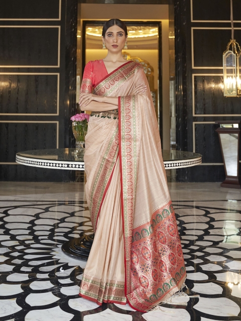 

elora Cream-Coloured & Red Woven Design Zari Silk Blend Saree