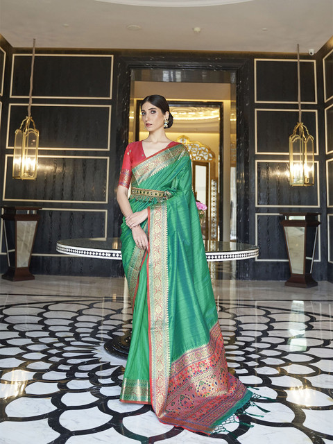 

elora Green & Red Zari Silk Blend Saree