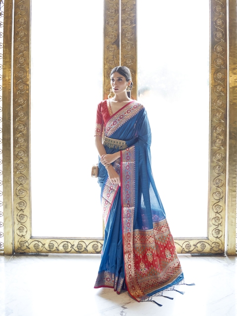 

elora Blue & Red Woven Design Zari Silk Blend Saree