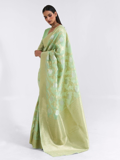 

elora Lime Green & Gold-Toned Floral Zari Silk Blend Saree