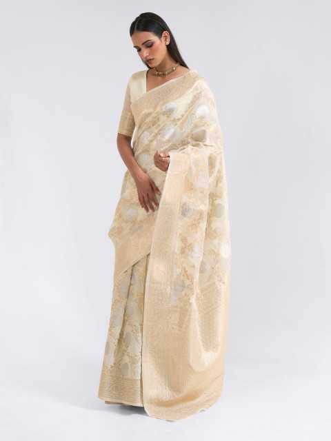 

elora Cream-Coloured & Gold-Toned Floral Woven Design Zari Saree
