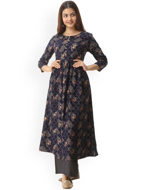 

SP DESIGNS Women Blue Paisley Printed Pure Cotton Kurta with Palazzos