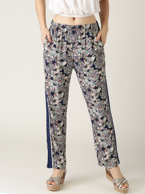 

ESPRIT Women Navy & Off-White Floral Print Trousers, Navy blue