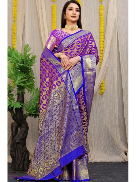 

Anaita Purple & Gold-Toned Ethnic Motifs Zari Pure Silk Banarasi Saree