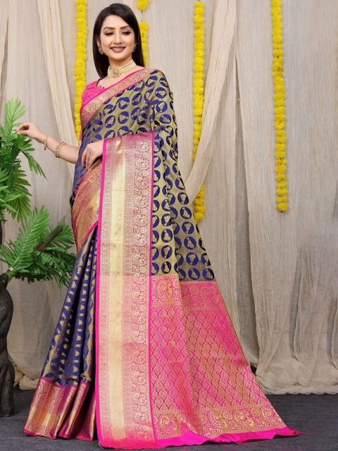 

Anaita Navy Blue & Pink Ethnic Motifs Zari Pure Silk Banarasi Saree