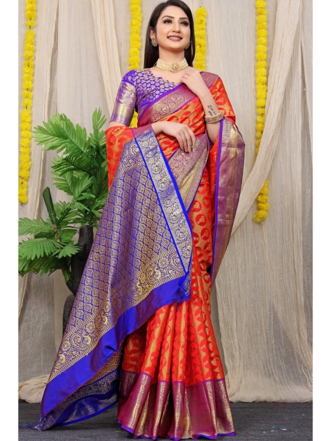 

Anaita Red & Blue Woven Design Zari Pure Silk Banarasi Saree