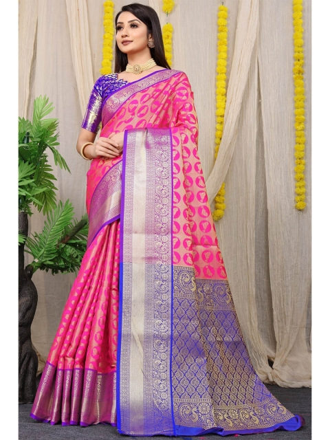 

Anaita Pink & Blue Ethnic Motifs Zari Pure Silk Banarasi Saree