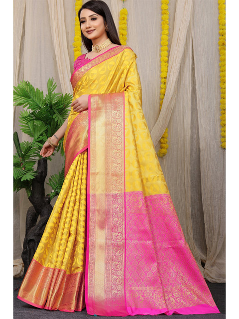 

Anaita Yellow & Pink Woven Design Zari Pure Silk Banarasi Saree