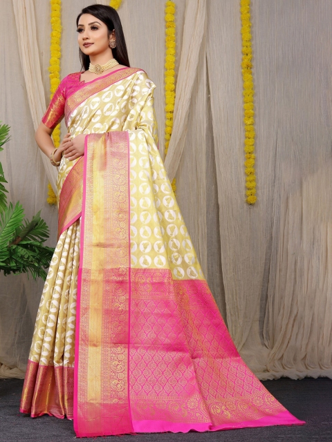 

Anaita Cream-Coloured & Pink Ethnic Motifs Zari Pure Silk Banarasi Saree
