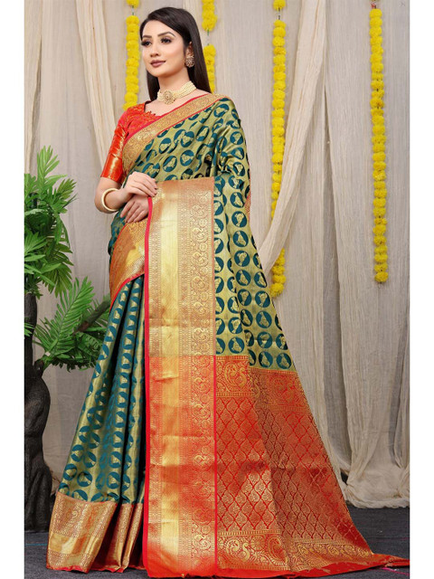 

Anaita Green & Red Ethnic Motifs Zari Pure Silk Banarasi Saree