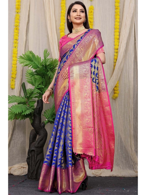 

Anaita Blue & Gold-Toned Woven Design Zari Pure Silk Banarasi Saree