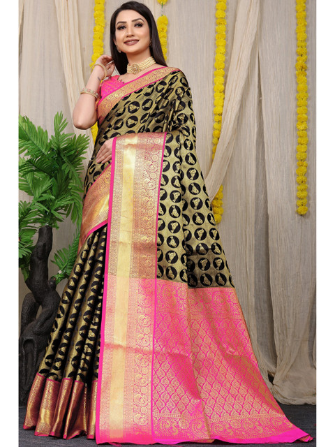 

Anaita Black & Pink Woven Design Zari Pure Silk Banarasi Saree