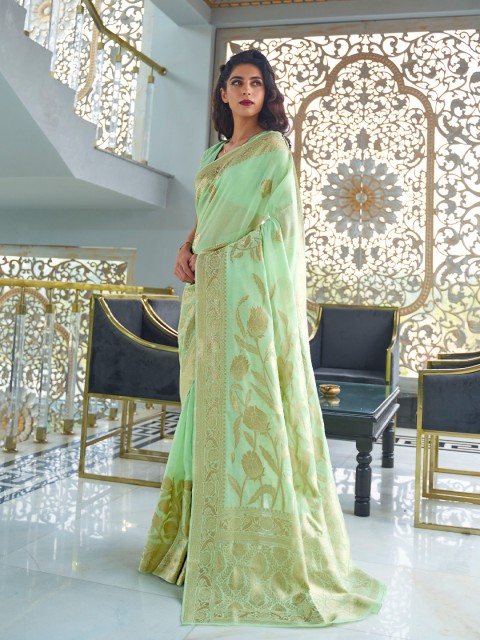 

elora Sea Green & Gold-Toned Ethnic Motifs Zari Silk Blend Saree