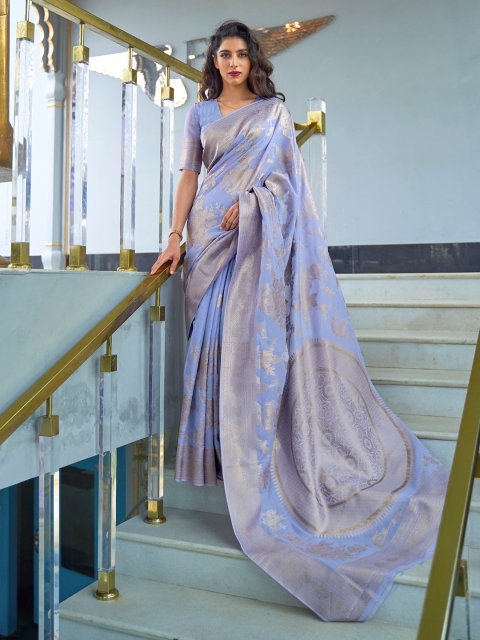

elora Purple & Gold-Toned Floral Zari Saree