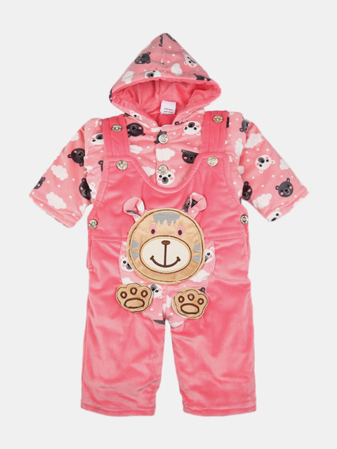 

V-Mart Unisex Kids Peach-Coloured & White Woolen Hooded T-shirt with Dungaree