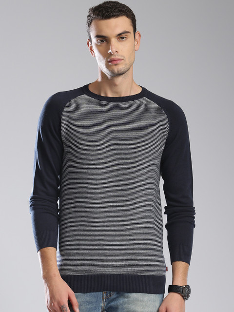 

Levis Men Navy & White Striped Round Neck T-shirt, Navy blue