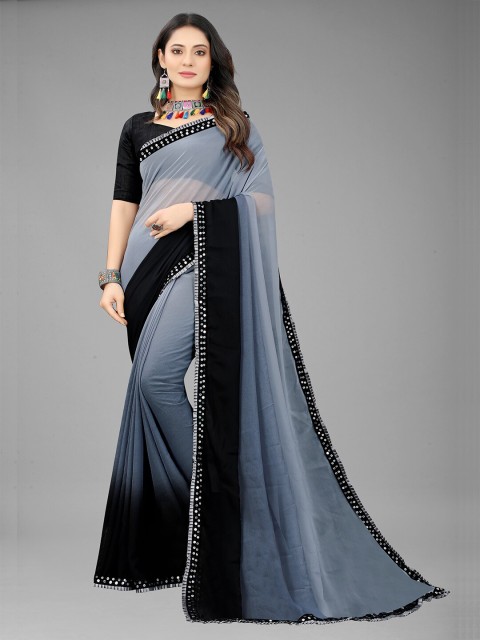 

GUNVANTI FAB Grey & Black Sequinned Saree