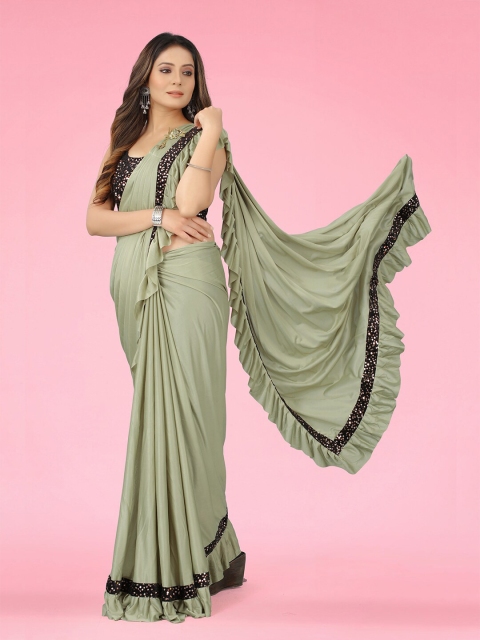 

GUNVANTI FAB Olive Green & Black Sequinned Ruffled Saree