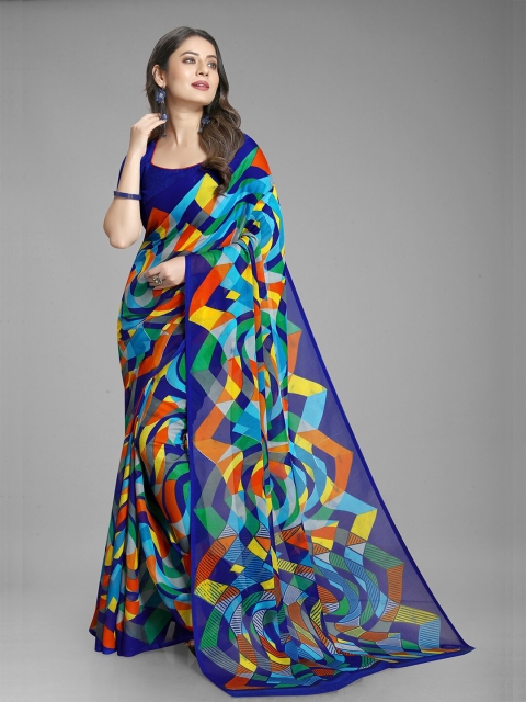 

GUNVANTI FAB Blue & Green Geometric Printed Poly Georgette Saree