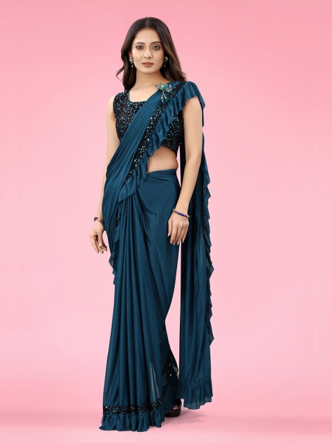 

GUNVANTI FAB Teal & Black Sequinned Ruffles Saree