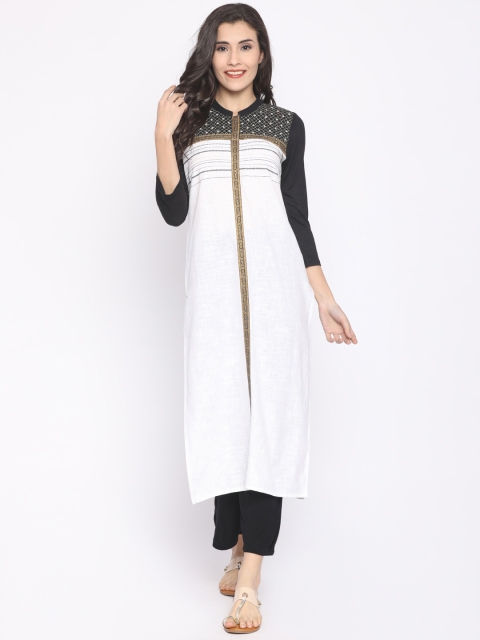 

AURELIA Women Off-White & Black Embroidered Straight Kurta