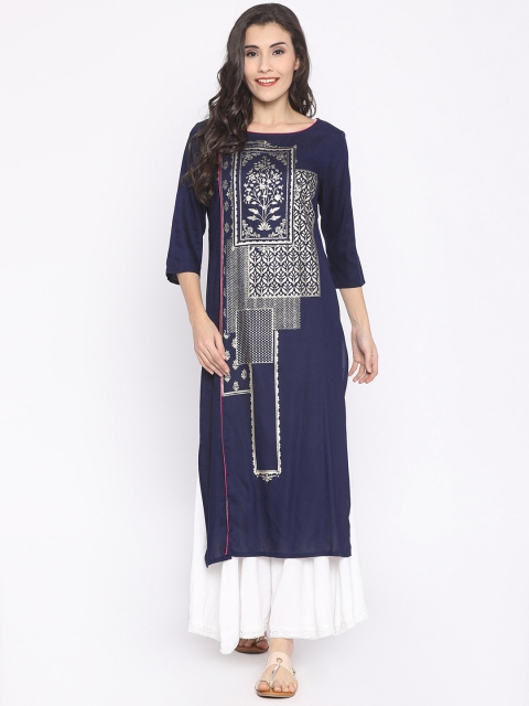 

AURELIA Women Navy Printed Straight Kurta, Navy blue