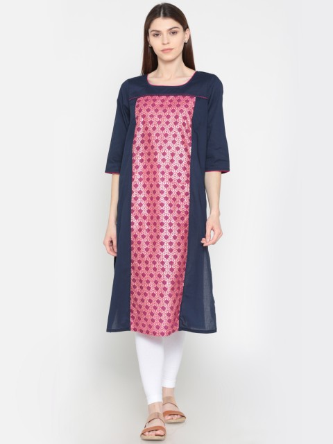 

AURELIA Women Navy & Pink Printed Straight Kurta, Navy blue
