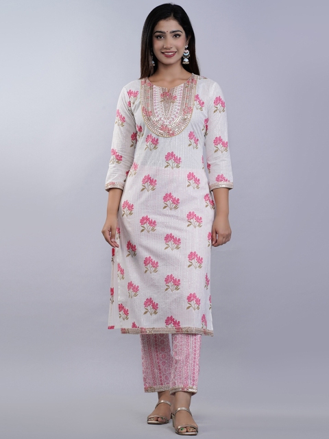 

NITVAN Women Pink Floral Printed & Embroidery Kurta with Pyjamas & With Dupatta