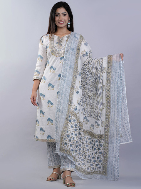 

NITVAN Women White Floral Printed Sequinned Pure Cotton Kurta with Trousers & Dupatta