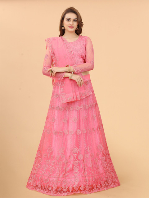 

Fashion FRICKS Peach-Coloured Embellished Semi-Stitched Lehenga & Blouse With Dupatta