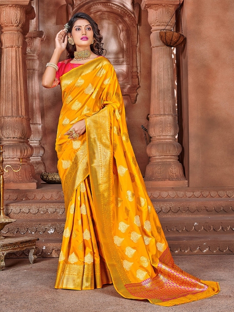 

elora Yellow & Gold-Toned Floral Zari Silk Blend Saree