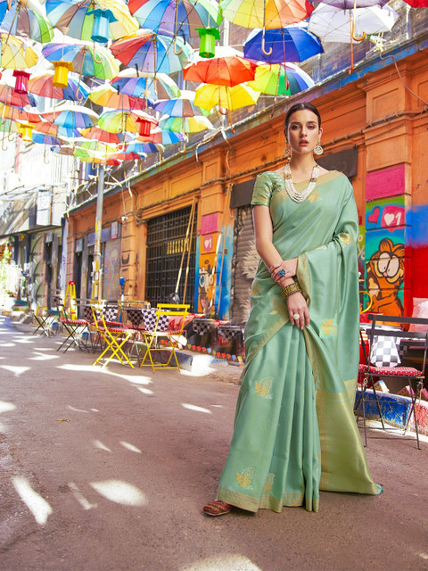 

elora Green & Gold-Toned Floral Zari Silk Blend Banarasi Saree