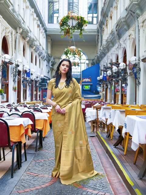 

elora Gold-Toned Floral Zari Silk Blend Banarasi Saree