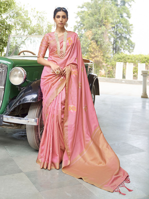 

elora Peach-Coloured & Yellow Floral Zari Silk Blend Banarasi Saree