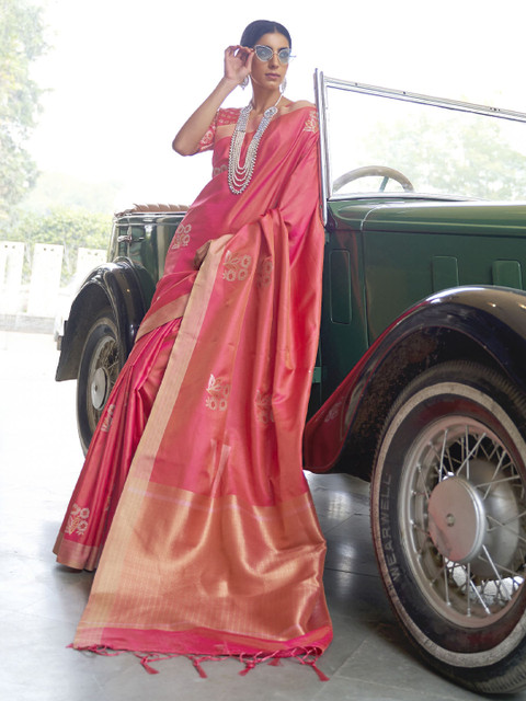

elora Pink & Gold-Toned Floral Zari Silk Blend Banarasi Saree