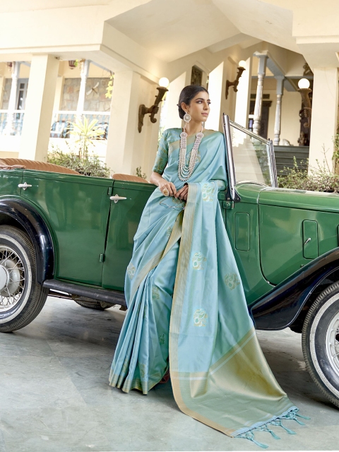 

elora Blue & Gold-Toned Floral Zari Banarasi Saree