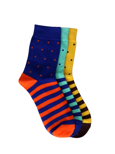 

Color Fevrr Unisex Pack of 3 Striped & Patterned Above-Ankle Length Socks, Blue