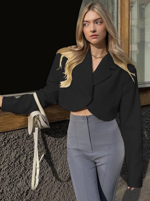 

BoStreet Women Black Crop Solid Open Front Jacket