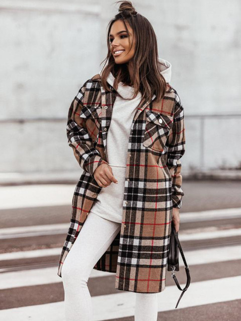 

BoStreet Women Khaki Checked Long Sleeves Hooded Longline Open Front Jacket