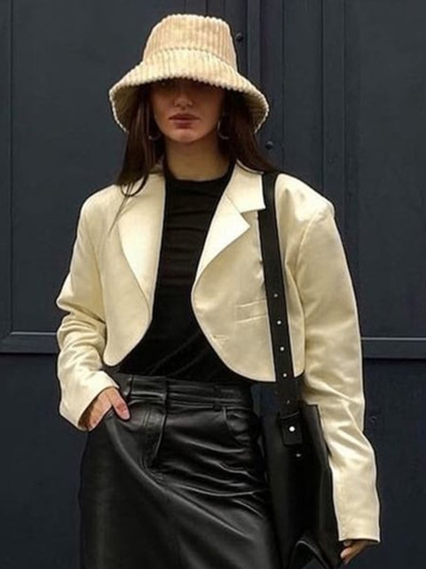 

BoStreet Women Beige Solid Crop Open Front Jacket