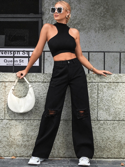 

BoStreet Women Black Wide Leg High-Rise Slash Knee Jeans