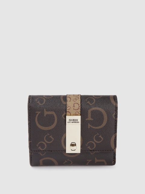 

GUESS Women Coffee Brown Brand Logo Printed Three Fold Wallet, Black