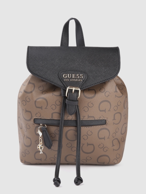 

GUESS Women Brown & Black Brand Logo Print Backpack