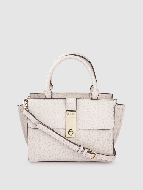 

GUESS Women Off White Brand Logo Textured Structured Handheld Bag