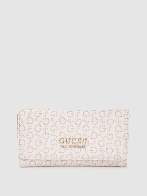 

GUESS Women Off White Brand Logo Textured Three Fold Wallet