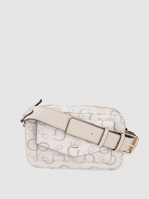 

GUESS Women Off White & Beige Brand Logo Printed Structured Sling Bag